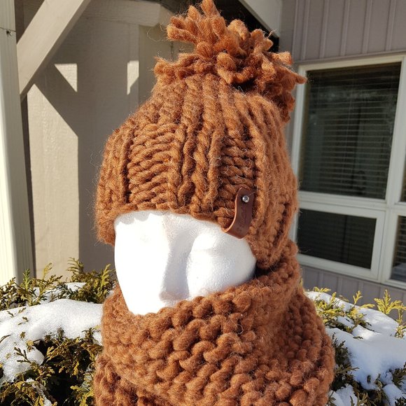 Knitted Hat and Scarf, wool made winter set, cinnamon - Picture 2 of 7